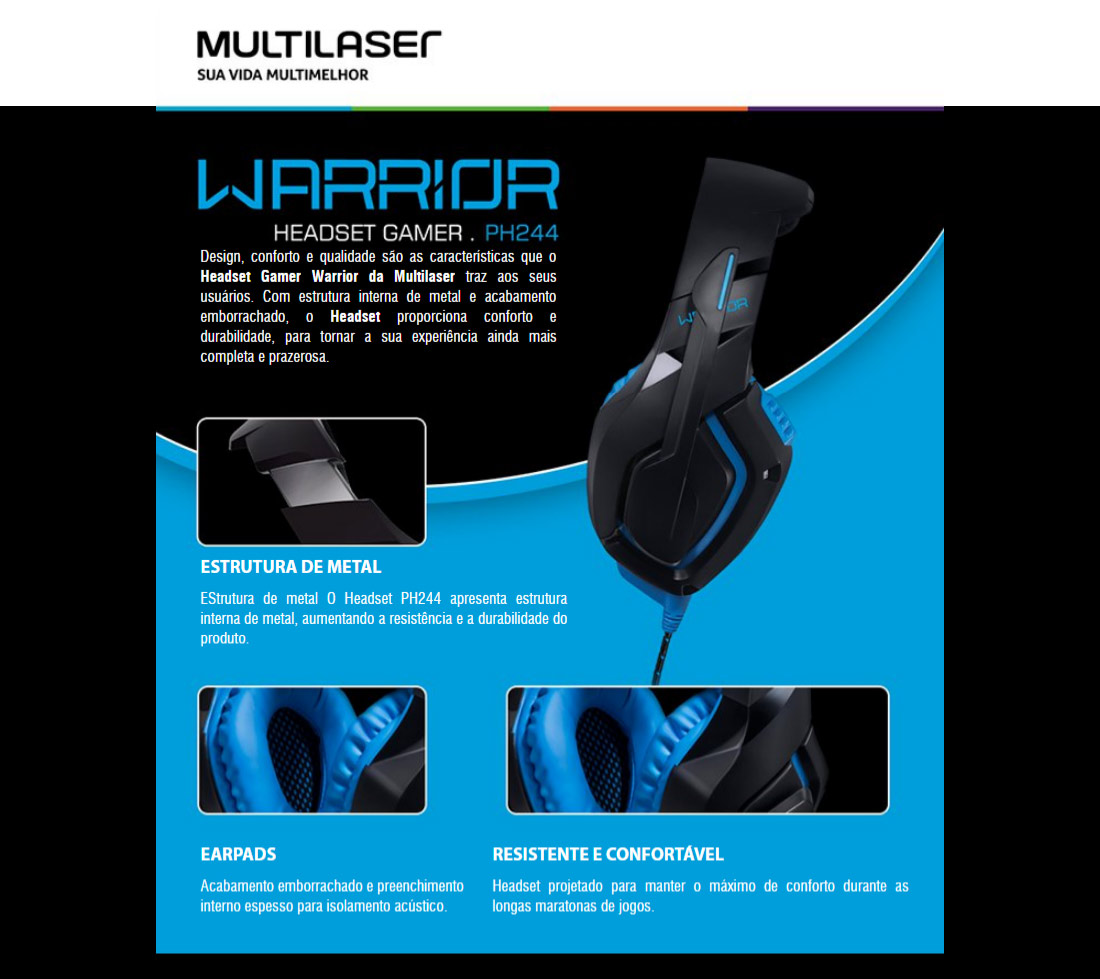 Headset Gamer Warrior Straton USB 2.0 Stereo LED PH244 Azul