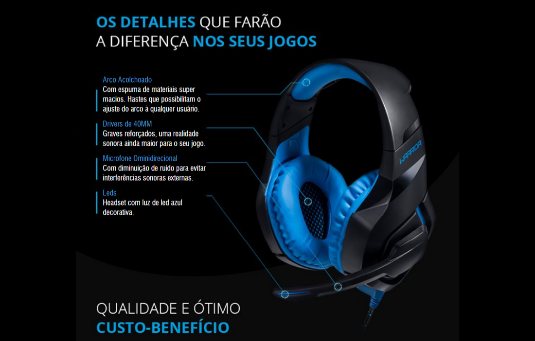 Headset Gamer Warrior Straton USB 2.0 Stereo LED Azul - PH244