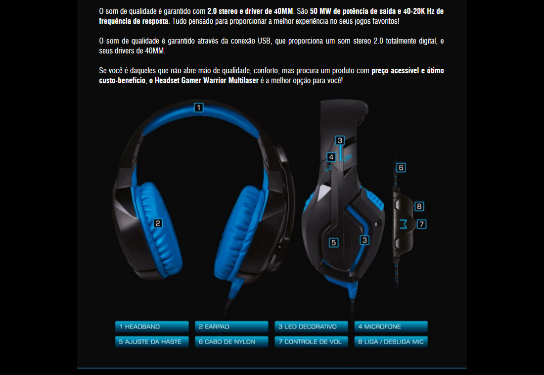 Headset Gamer Warrior Straton PH244 USB Azul - Multilaser