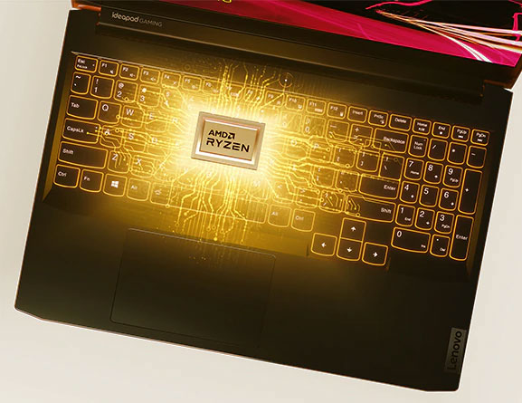 Laptop Lenovo IdeaPad Gaming 3 Gen 6 (15” AMD), vista superior mostrando o teclado e um logotipo AMD Ryzen cercado por efeitos de luz