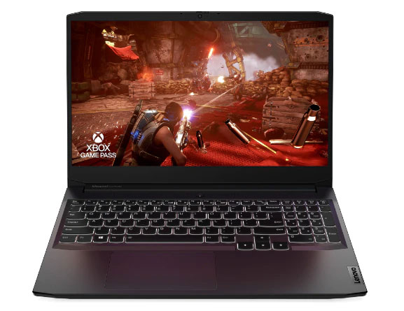 Laptop Lenovo IdeaPad Gaming 3 Gen 6 (15” AMD), vista frontal, com uma cena de jogo de combate na tela