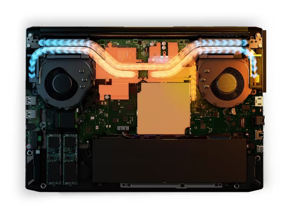 Notebook Lenovo IdeaPad Gaming 3 Gen 6 (15” AMD), visão dos componentes internos e tecnologia de ventilação