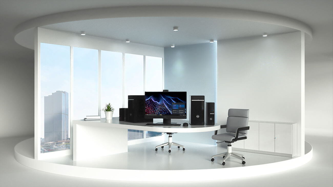 Imagem de uma sala espaçosa e iluminada com móveis de escritório. Sobre uma mesa branca, os produtos Dell e um OptiPlex