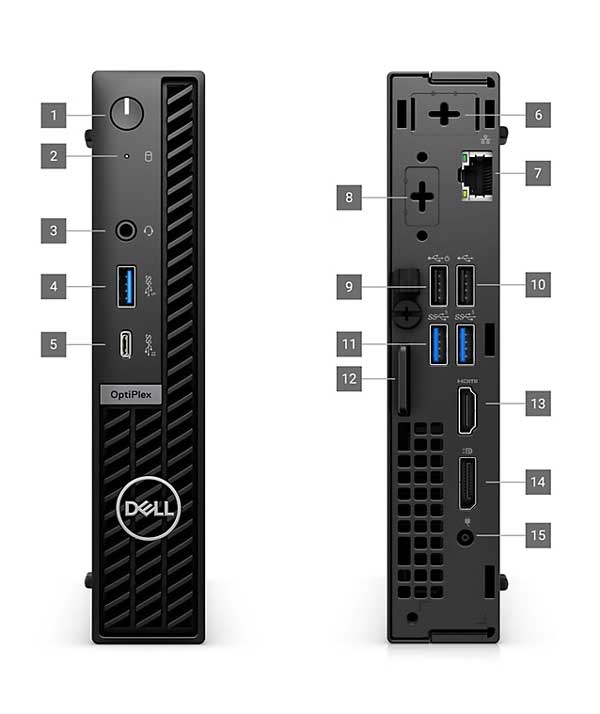Imagem de dois Desktops Dell OptiPlex 3000 Micro, um mostrando a parte frontal e o outro a parte traseira, com números sinalizando as 13 portas.