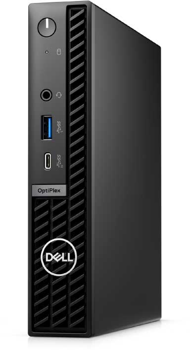 Imagem do desktop Dell OptiPlex 3000 Micro com zoom mostrando portas e detalhes.