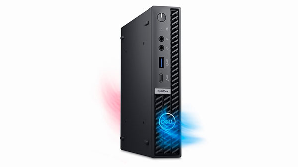 Imagem de um computador Dell OptiPlex 3000 Micro na parte traseira mostrando as portas disponíveis atrás do produto.