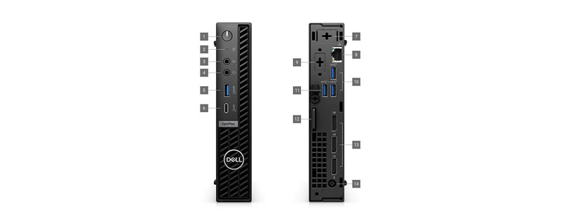 Imagem de dois Desktops Dell OptiPlex 3000 Micro, um mostrando a parte frontal e o outro a parte traseira, com números sinalizando as 13 portas.