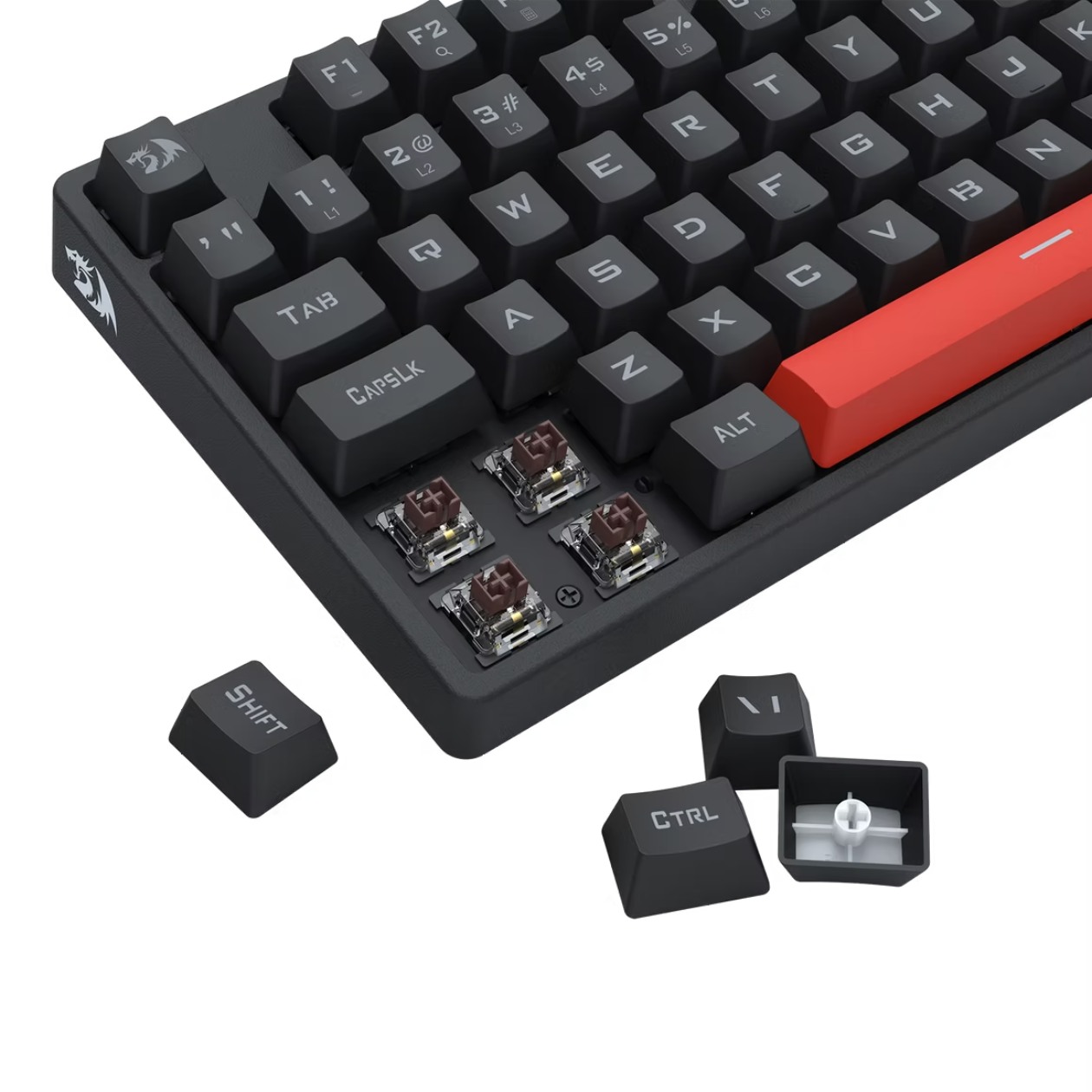 Detalhe dos switches marrons e keycaps do Redragon Flamengo