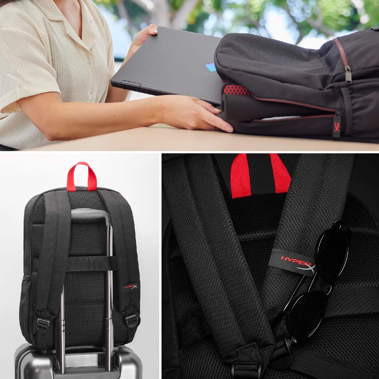 Mochila HyperX Delta com alça para mala de viagem