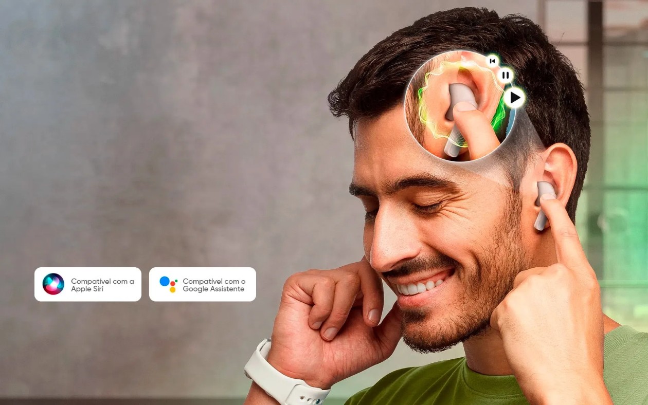 Conexão automática TWS e assistentes de voz do fone Get Free