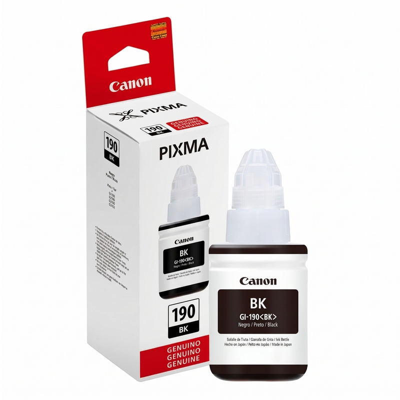 Refil de Tinta Canon GI-190BK - Frasco original ao lado da embalagem