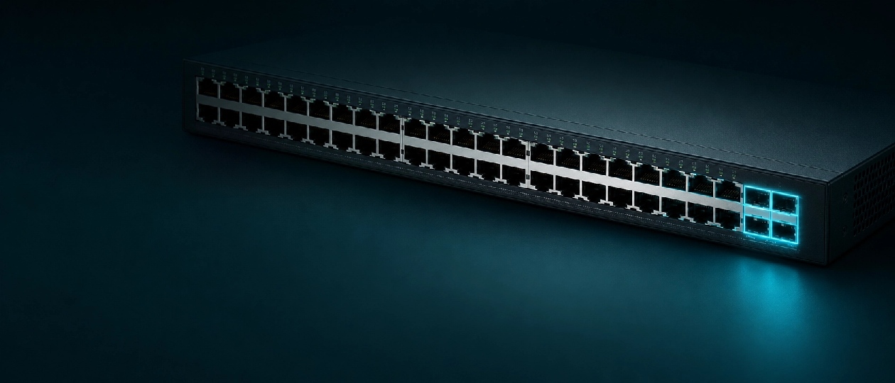 Switch TP-Link TL-SG3452X ? Vista Angular com LEDs SFP+ Ativos