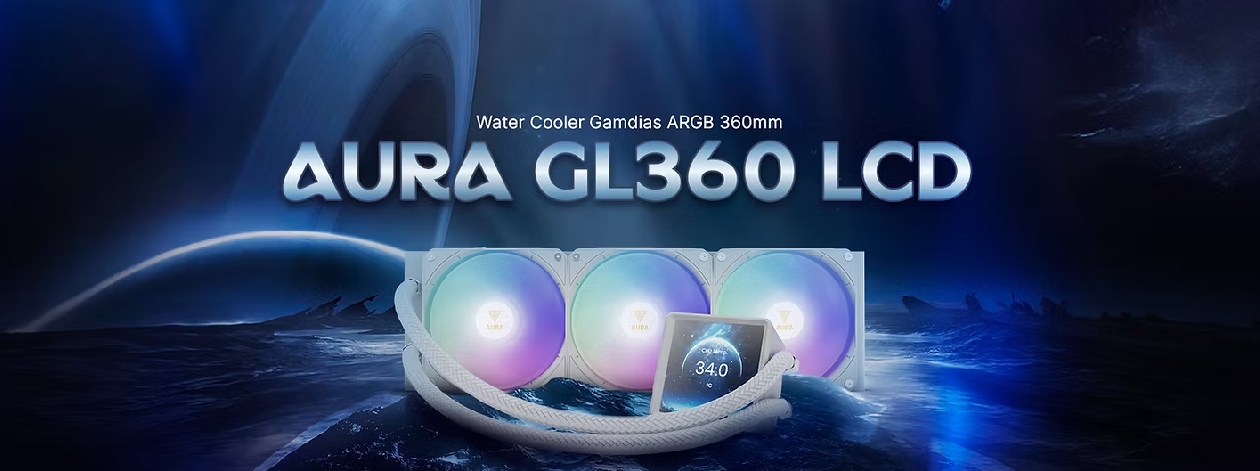 Tela LCD IPS de 4 polegadas do Gamdias Aura GL360 exibindo informações de temperatura e gráficos em tempo real