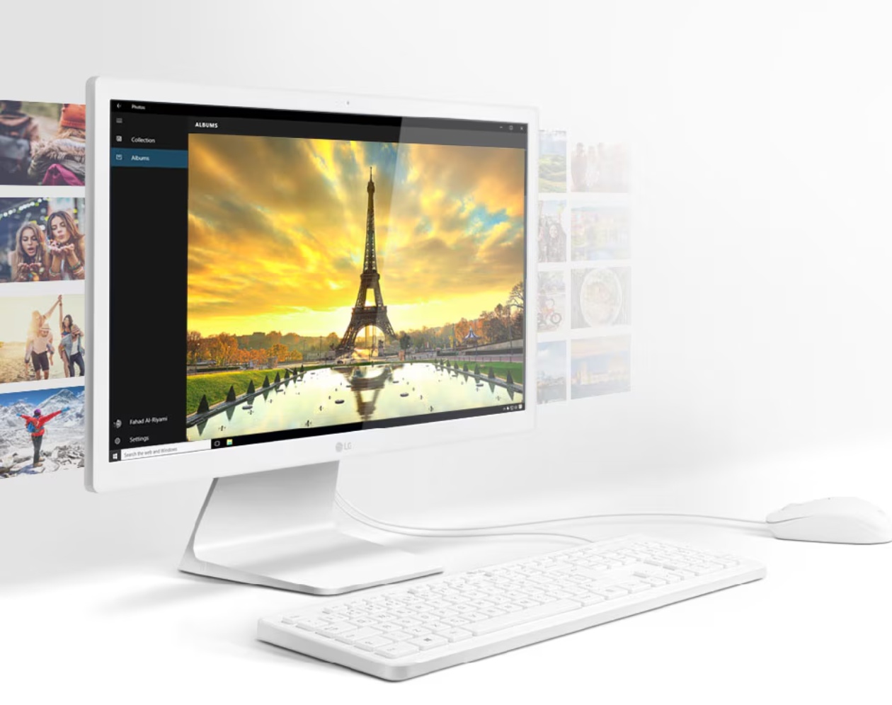 Design branco do LG 22V280 com teclado e mouse inclusos