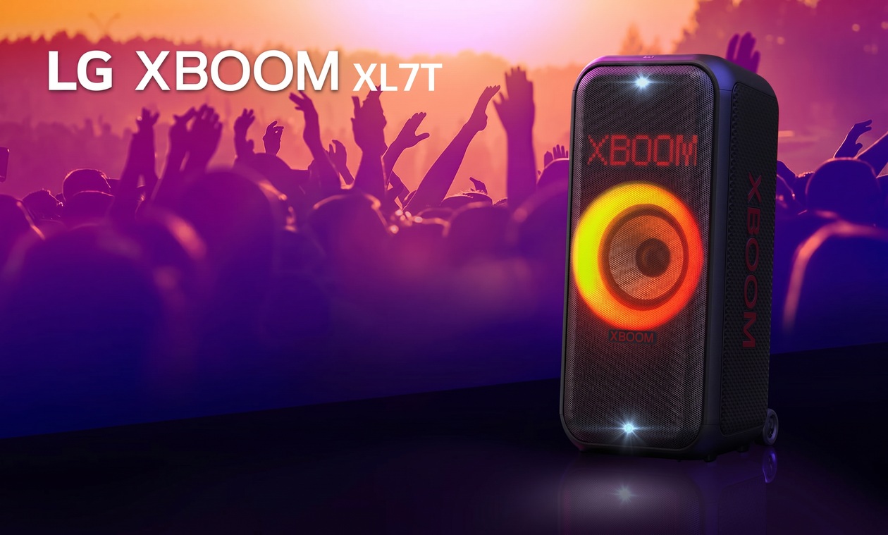 Caixa de Som LG XBOOM XL7T - Vista frontal completa com iluminação RGB acesa