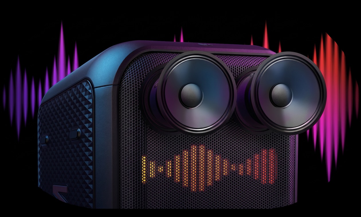 LG XBOOM XL7T - Vista lateral mostrando o woofer de 8 polegadas e tweeters