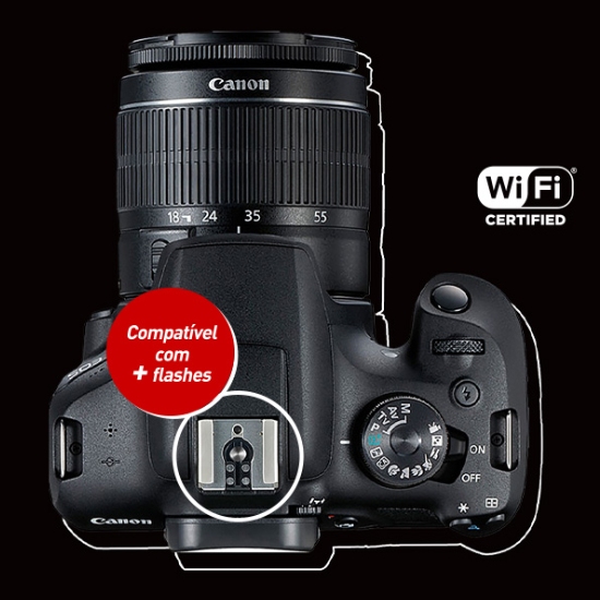 Canon EOS Rebel T7+ corpo preto com lente EF-S 18-55mm IS II