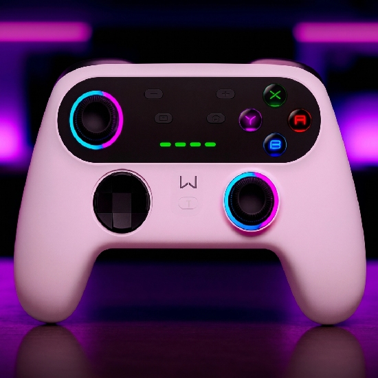 Controle Wireless Warrior Ultra Pro JS0092 branco visto de cima com anéis RGB acesos