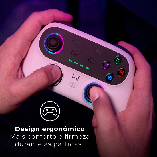 Detalhe dos anéis RGB e botões coloridos do Controle Warrior Ultra Pro branco