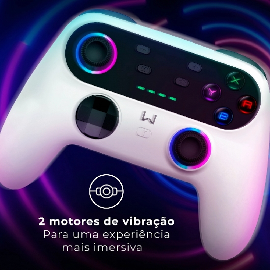 Vista lateral do Controle Warrior Ultra Pro branco com gatilhos L2 e R2 visíveis