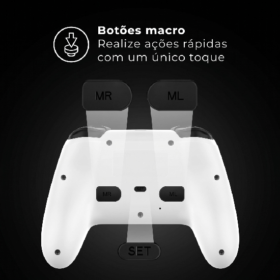 Vista superior do Controle Warrior Ultra Pro branco mostrando o design ergonômico
