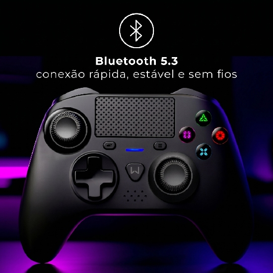 Conectividade Bluetooth 5.3 e entrada P2 de 3,5 mm do Controle Warrior