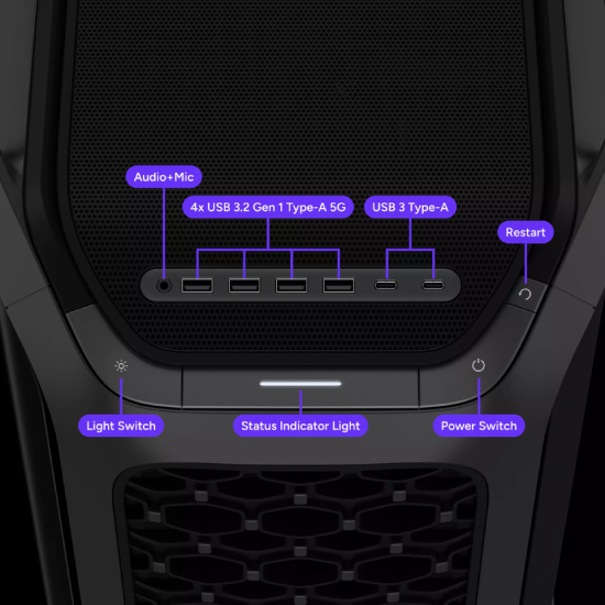 Painel superior I/O do Cosmos Alpha com portas USB Type-A, USB-C, conectores de áudio e botões de controle