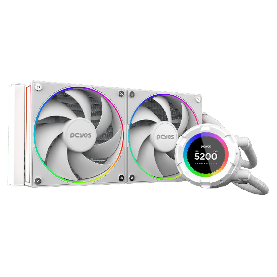 Water Cooler Pcyes Vision White Ghost 240mm completo: radiador branco com duas ventoinhas aRGB, waterblock com tela LCD e tubos brancos