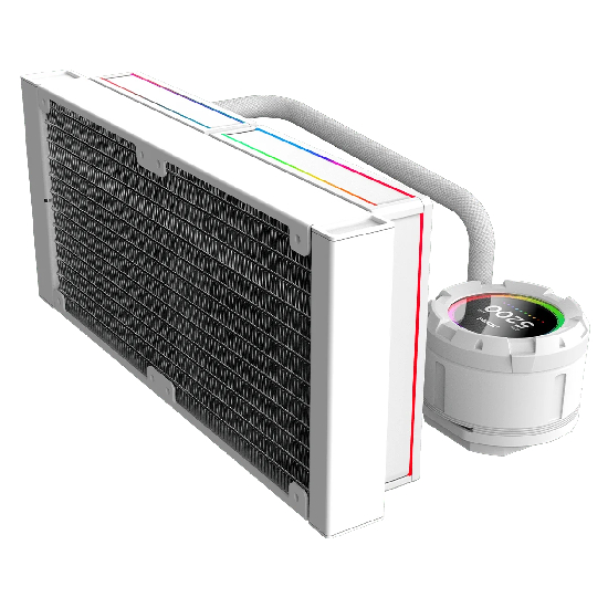 Vista oblíqua do Vision White Ghost mostrando radiador com aletas pretas, waterblock com tela LCD e tubos brancos