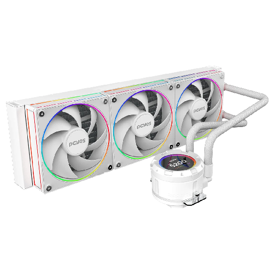 Water Cooler Pcyes Vision White Ghost 360mm completo: radiador branco com três ventoinhas aRGB, waterblock com tela LCD e tubos brancos