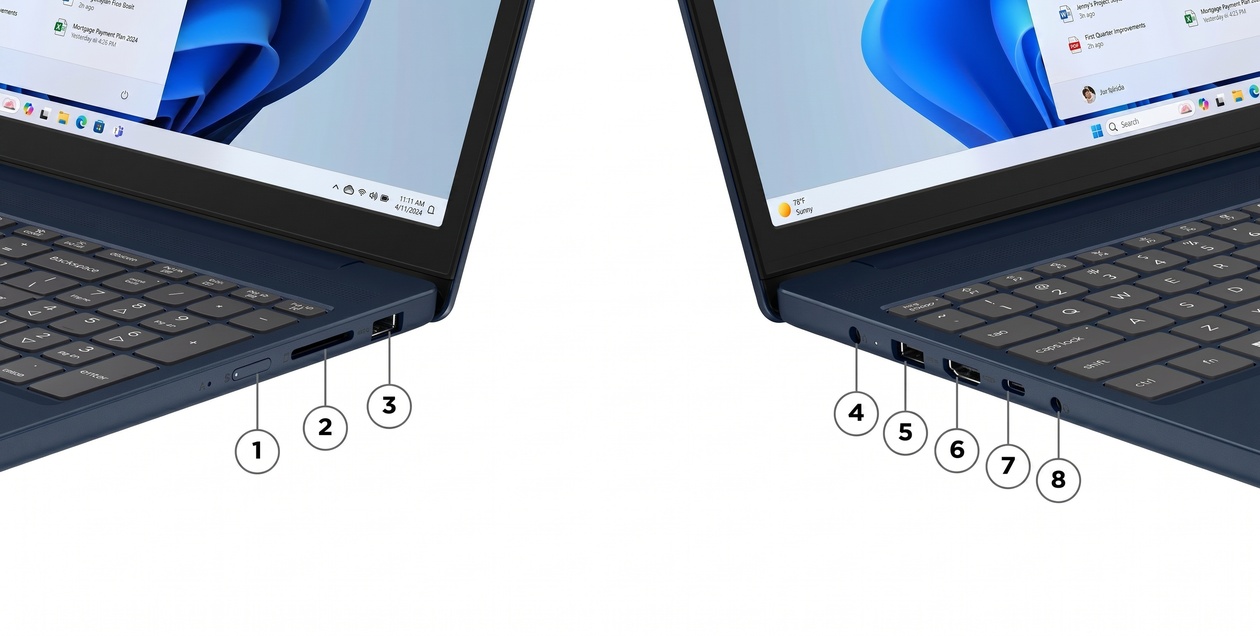 Notebook Lenovo IdeaPad Slim 3 com tampa fechada em ângulo oblíquo mostrando portas HDMI e USB laterais