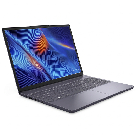 Notebook Lenovo IdeaPad Slim 3 Luna Grey em ângulo oblíquo frontal com tela WUXGA aberta rodando Linux e portas laterais visíveis