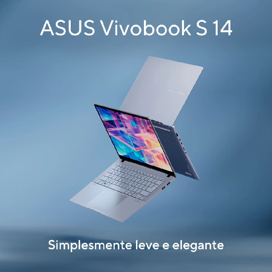 Notebook Asus Vivobook S 14 Mist Blue em vista dinâmica com tampa parcialmente levantada e slogan Simplesmente leve e elegante