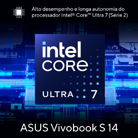 Notebook Asus Vivobook S 14 Mist Blue em vista frontal com tela OLED acesa destacando processador Intel Core Ultra 7 Série 2