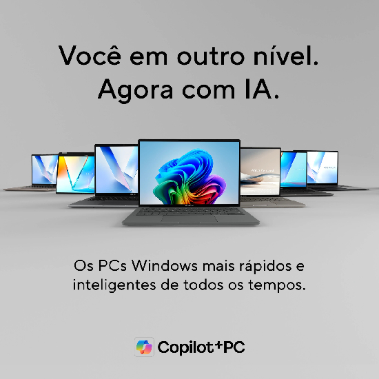 Notebook Asus Vivobook S 14 Mist Blue com tela OLED exibindo logo do Windows 11 e campanha Copilot+ PC