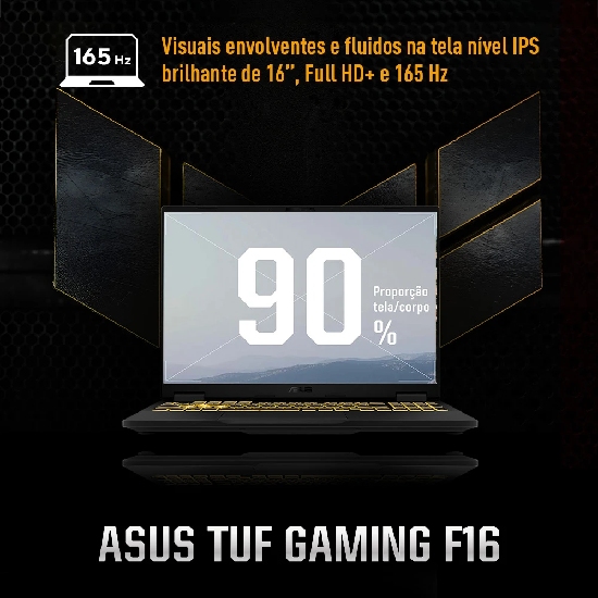 Notebook Asus TUF Gaming FX608JHR-RV124 Jaeger Gray aberto em vista frontal com tela 16 polegadas e teclado retroiluminado RGB
