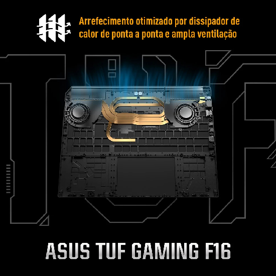 Close no teclado Chiclet RGB de uma zona do Asus TUF Gaming FX608 com retroiluminação Aura Sync ativa em laranja