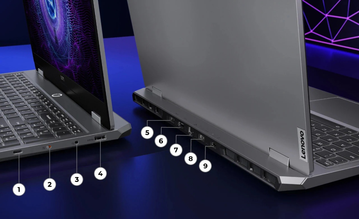 Notebook gamer Lenovo LOQ 15IRX9 em vista frontal e lateral exibindo portas USB-C, HDMI, RJ45 e tela com gráficos vibrantes roxo e azul