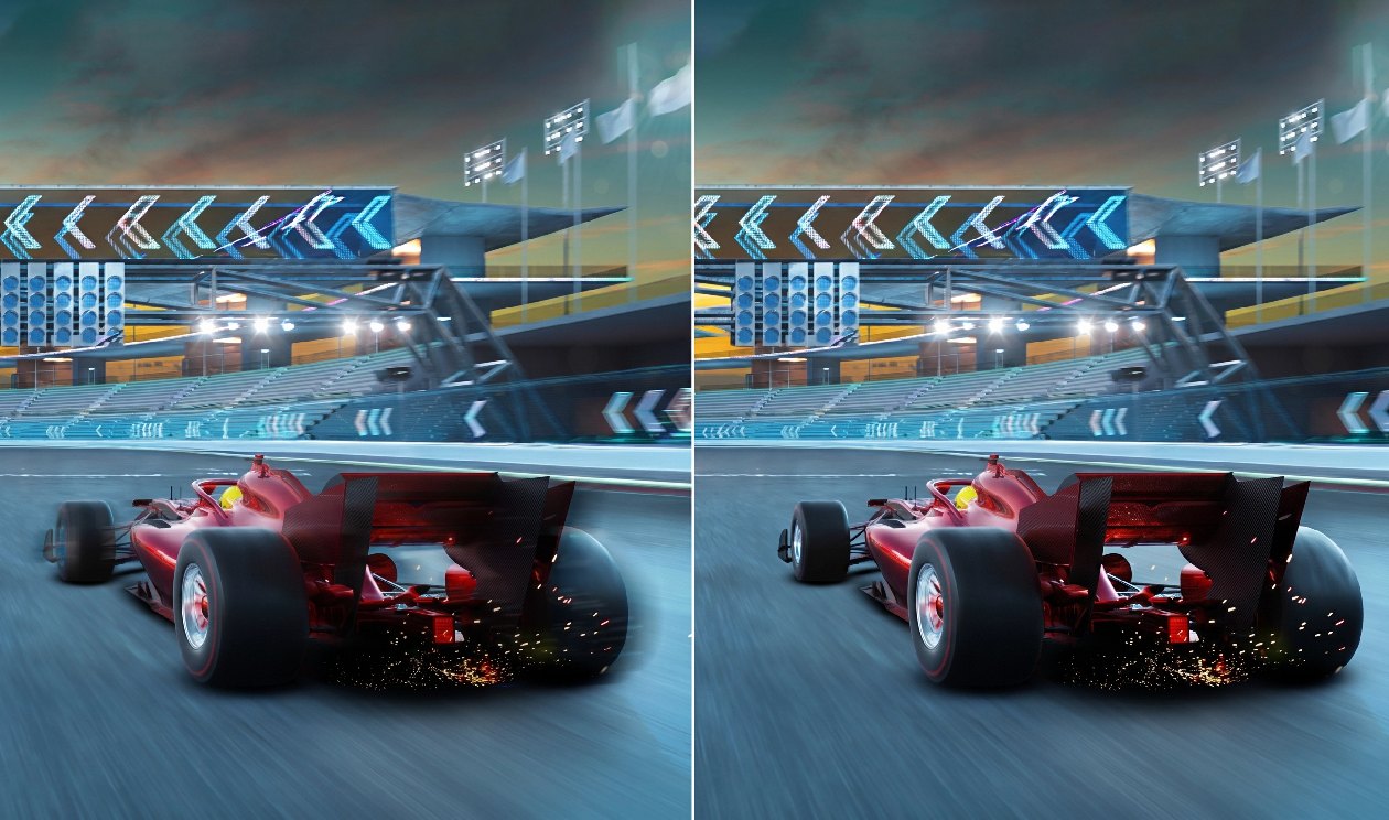 Monitor Philips Evnia 27M2N3200NF57 exibindo jogo de corrida com carro vermelho em pista, destacando fluidez do 144Hz em movimento rápido
