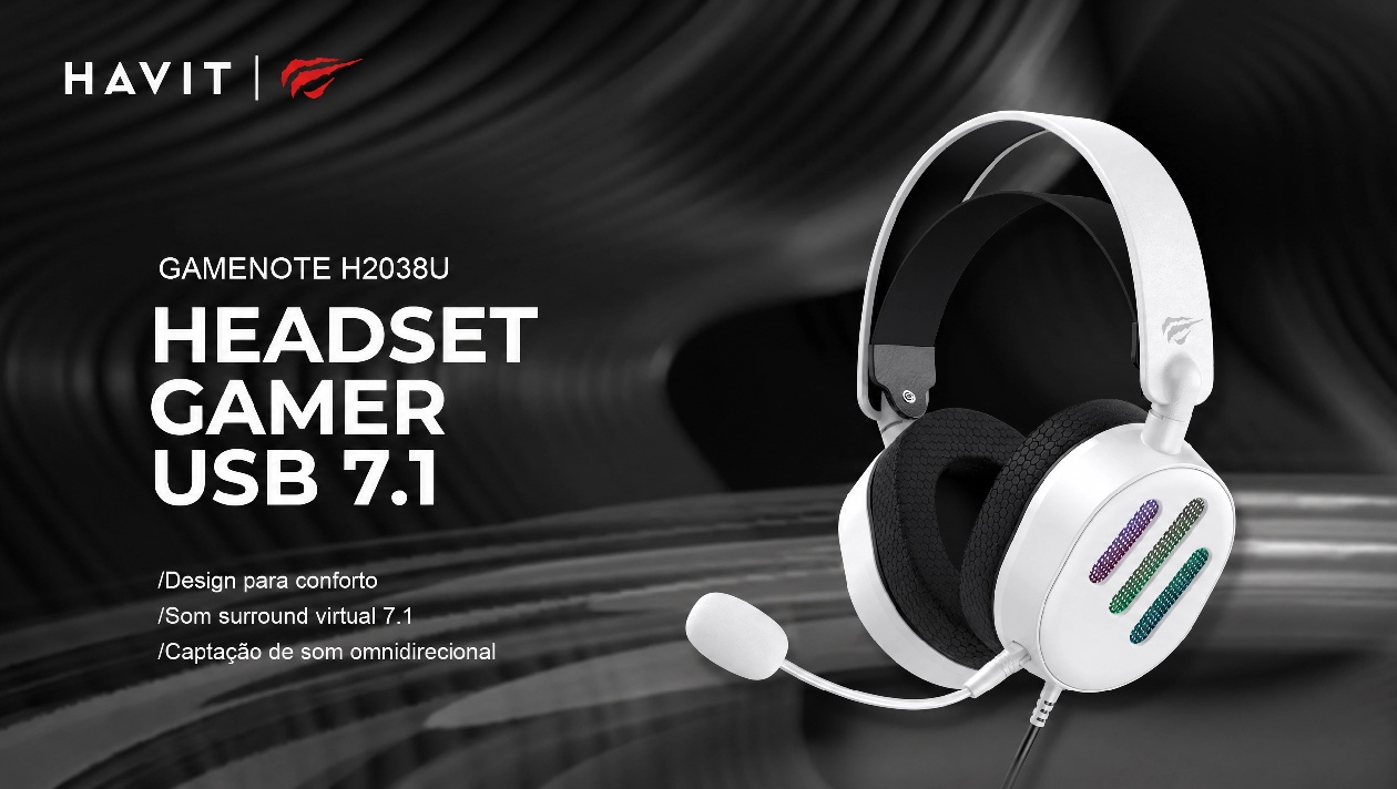 Headset gamer Havit H2038U preto em angulo frontal com iluminacao RGB e microfone destacavel