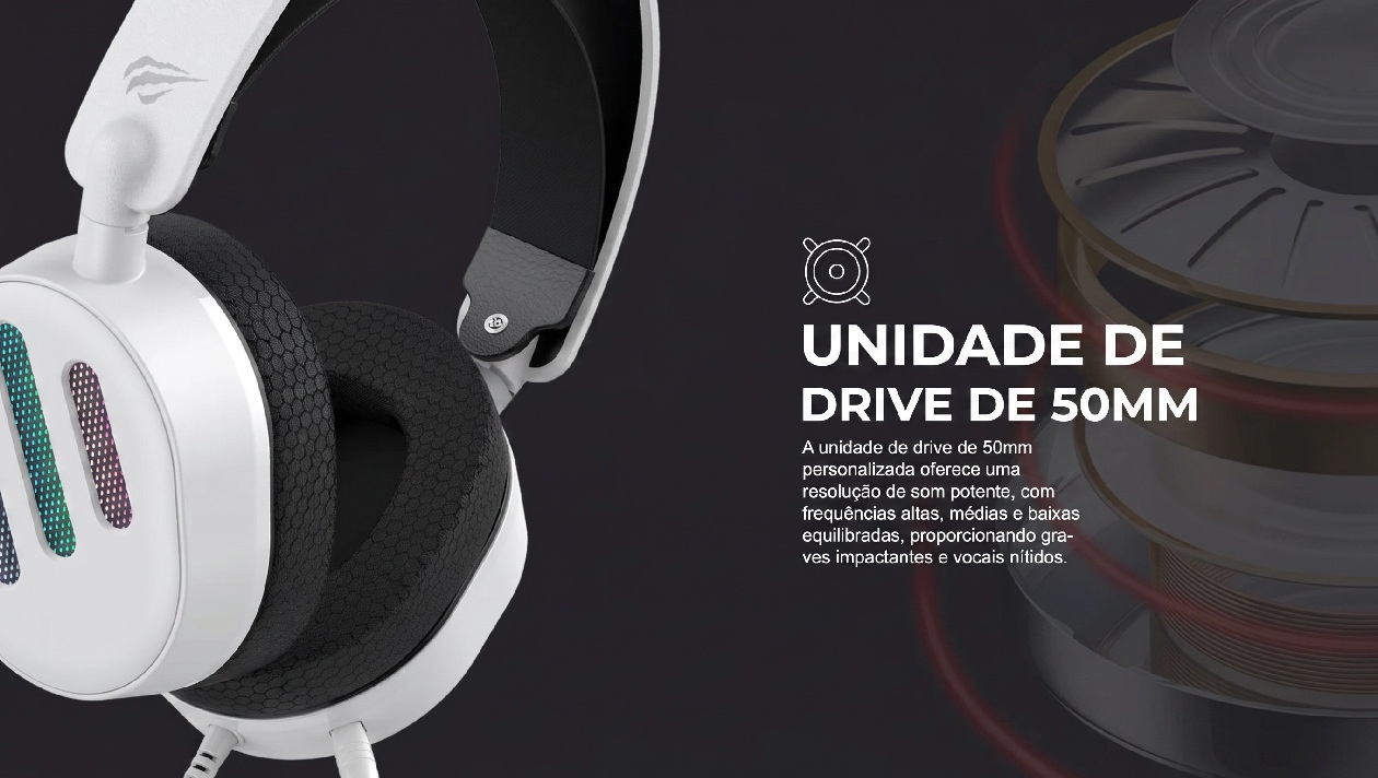 Detalhe dos drivers de 50mm do headset Havit H2038U mostrando qualidade de som e construcao