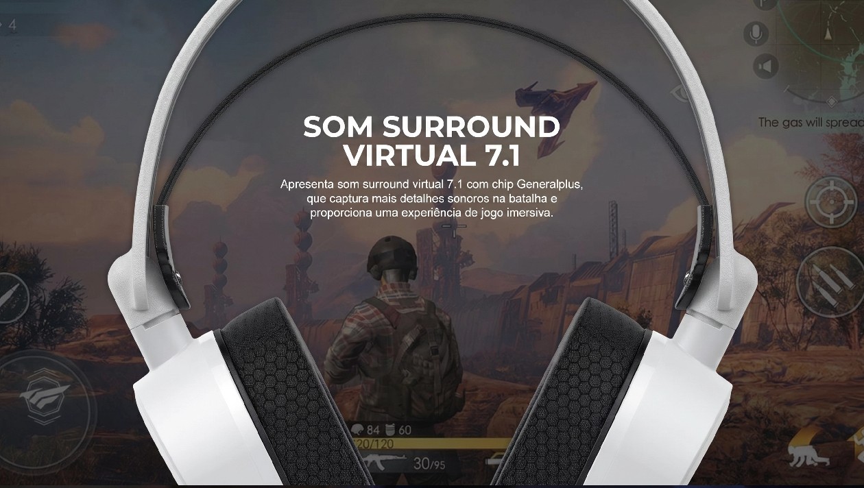 Headset Havit H2038U em contexto gamer com fundo de jogo PUBG destacando imersao do som 7.1