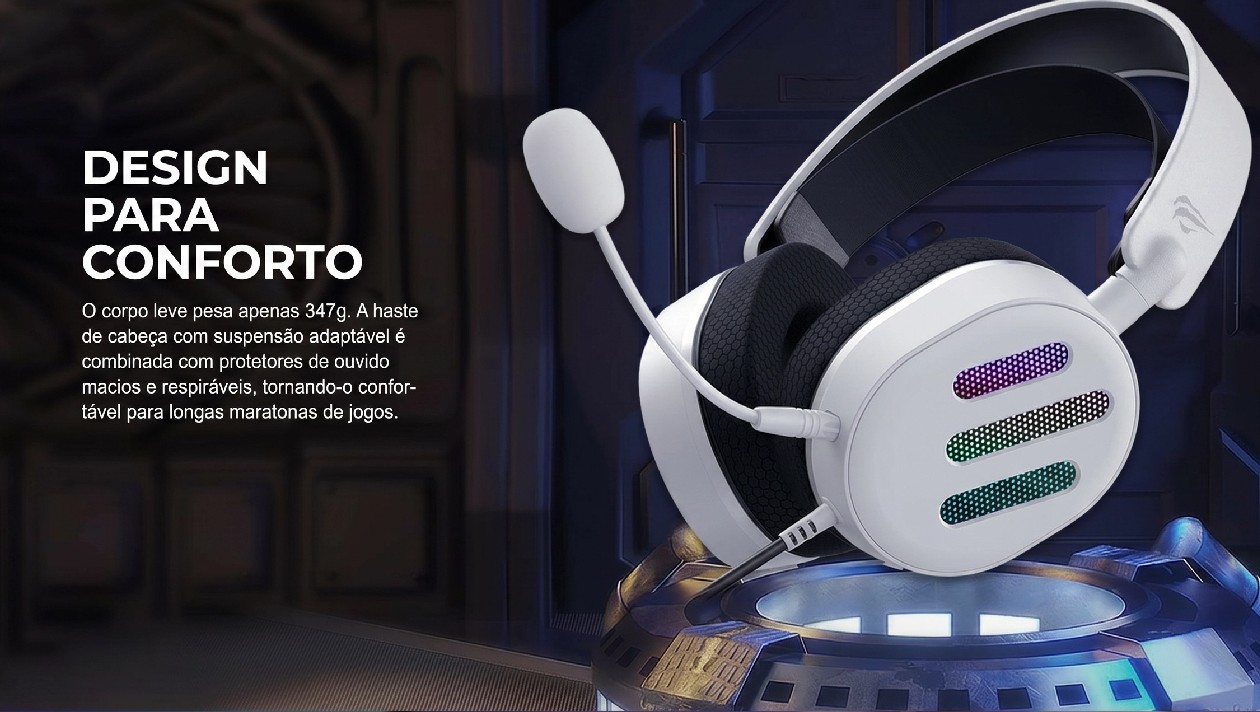 Headset Havit H2038U destacando design leve de 347g com arco de cabeca suspensao adaptavel e almofadas respiraveis