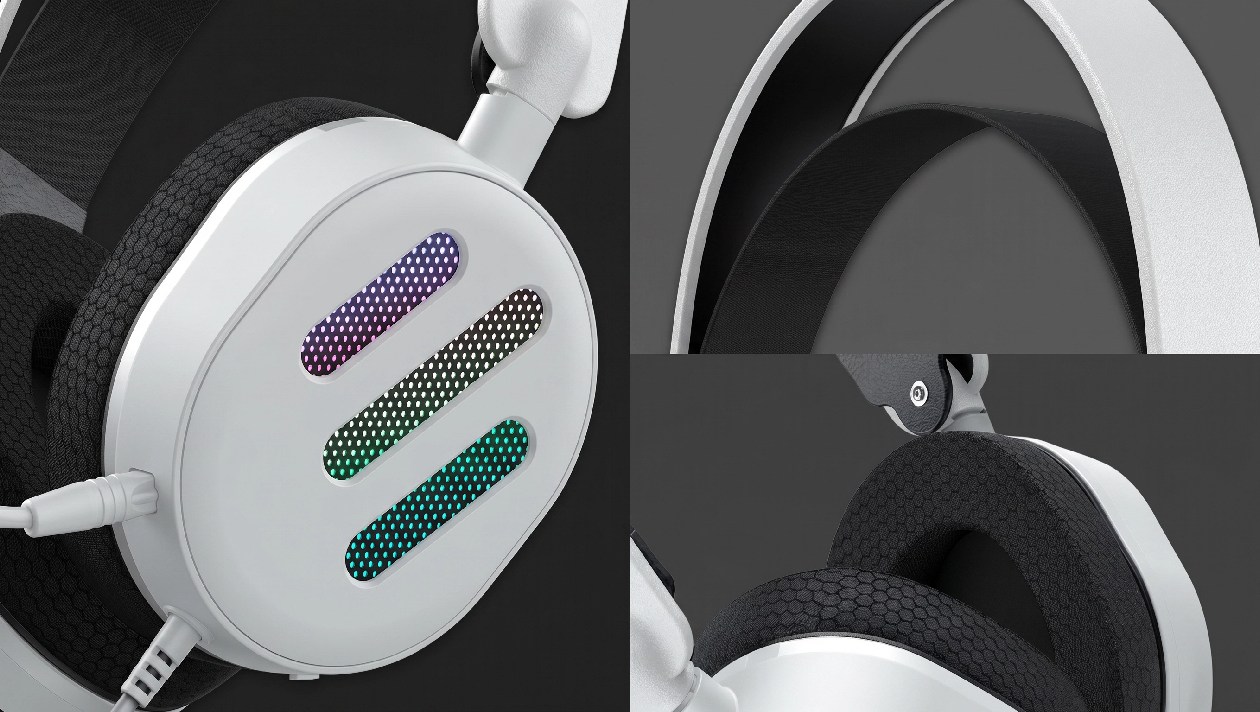 Detalhes de construcao do headset Havit H2038U mostrando driver, almofadas, arco e LED RGB