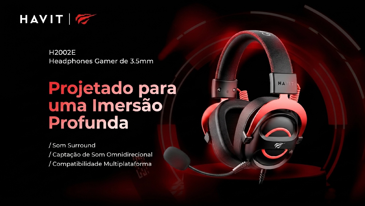 Headset gamer Havit H2000E preto e vermelho em angulo frontal com microfone destacavel e design esports