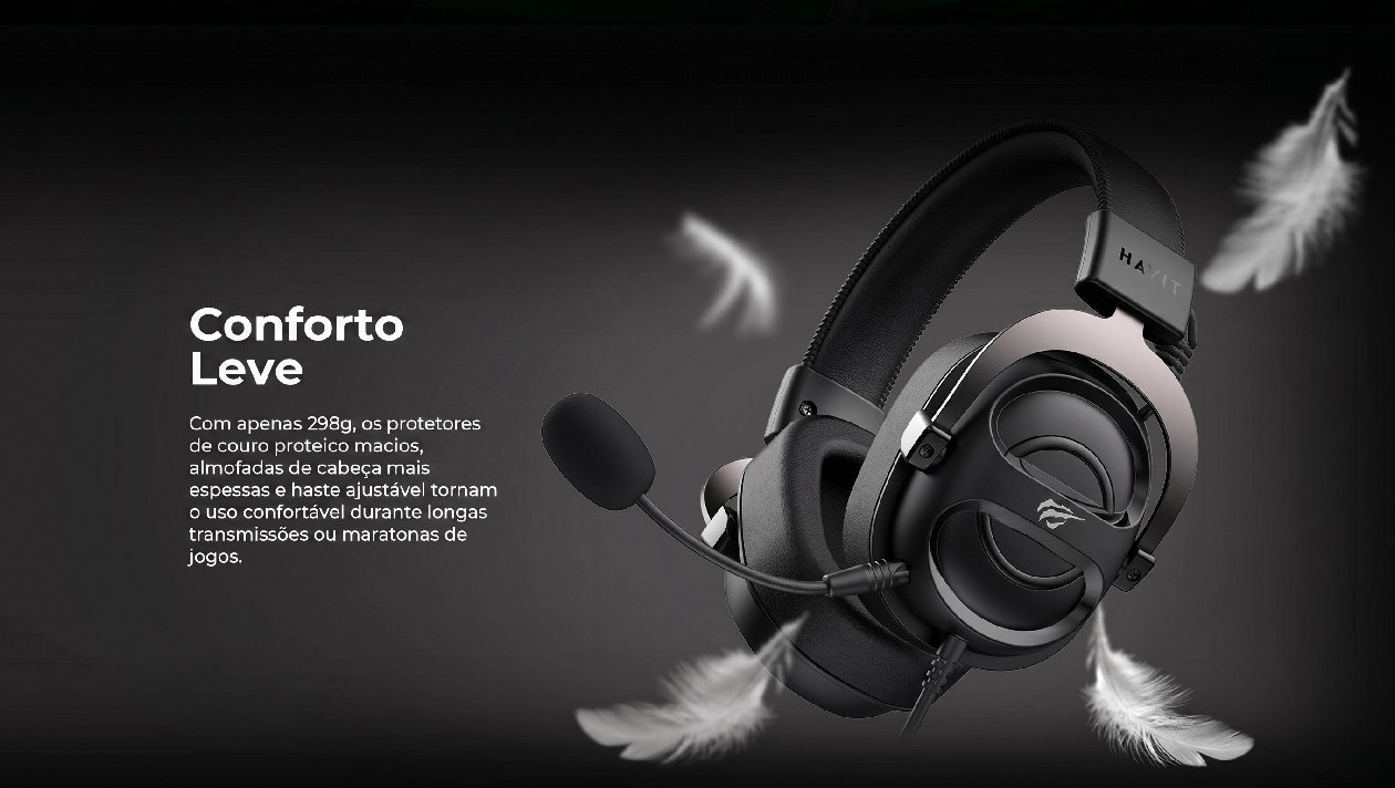 Headset Havit H2000E destacando design leve de 298g com almofadas em pele proteica macia e arco ajustavel