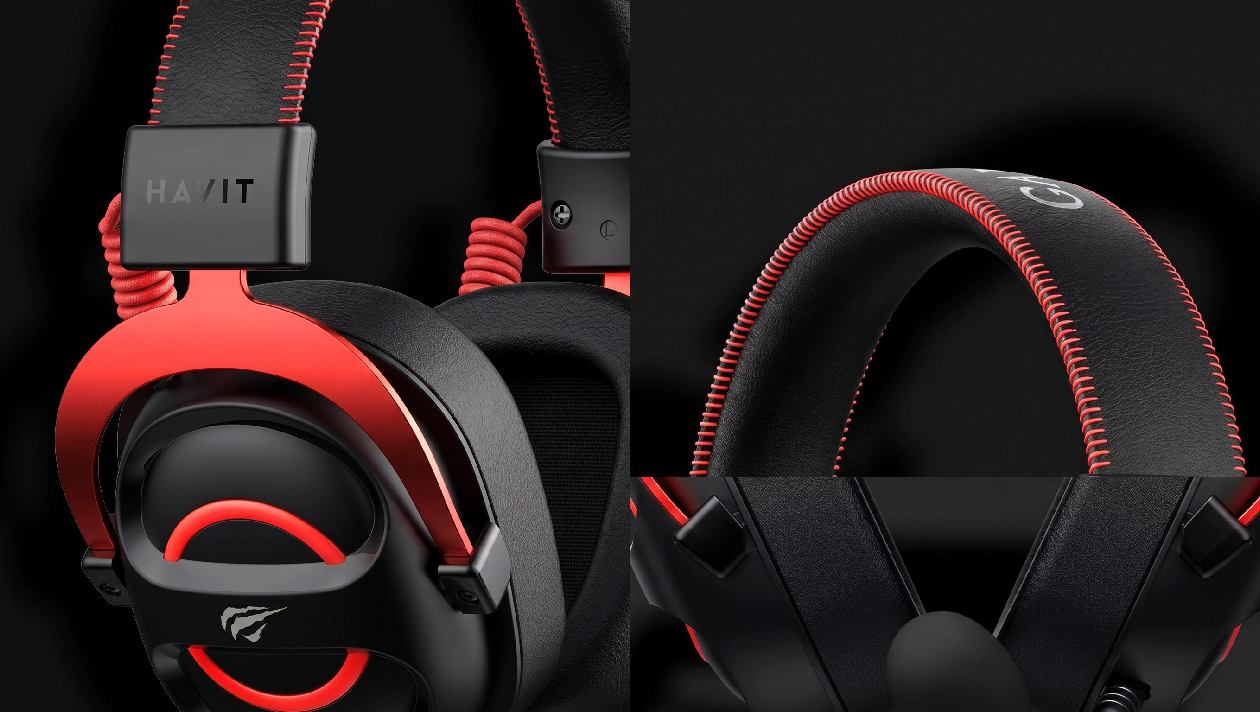 Headset Havit H2000E preto e vermelho com design futurista esports em contexto gamer