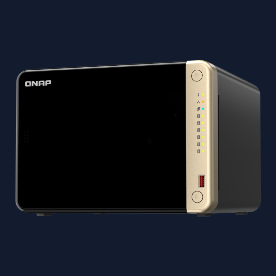 Painel frontal do NAS QNAP TS-664-8G preto com detalhes dourados LEDs indicadores e porta USB