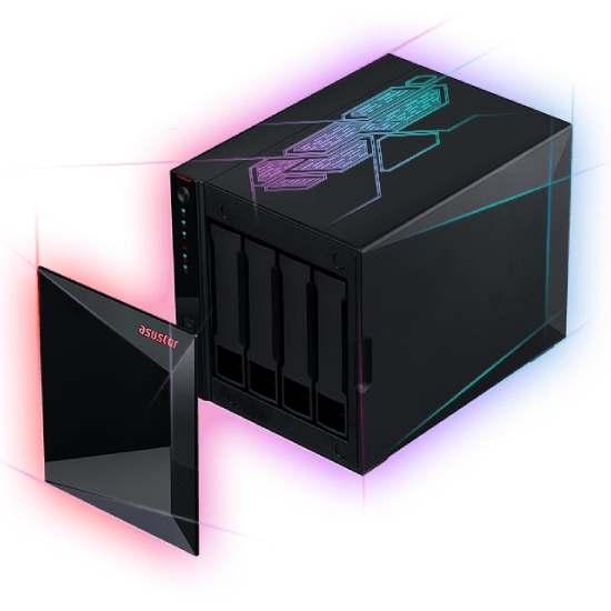 Storage NAS Asustor AS5404T em &acirc;ngulo de tr&ecirc;s quartos exibindo 4 baias frontais, painel de LEDs e ilumina&ccedil;&atilde;o RGB na tampa superior