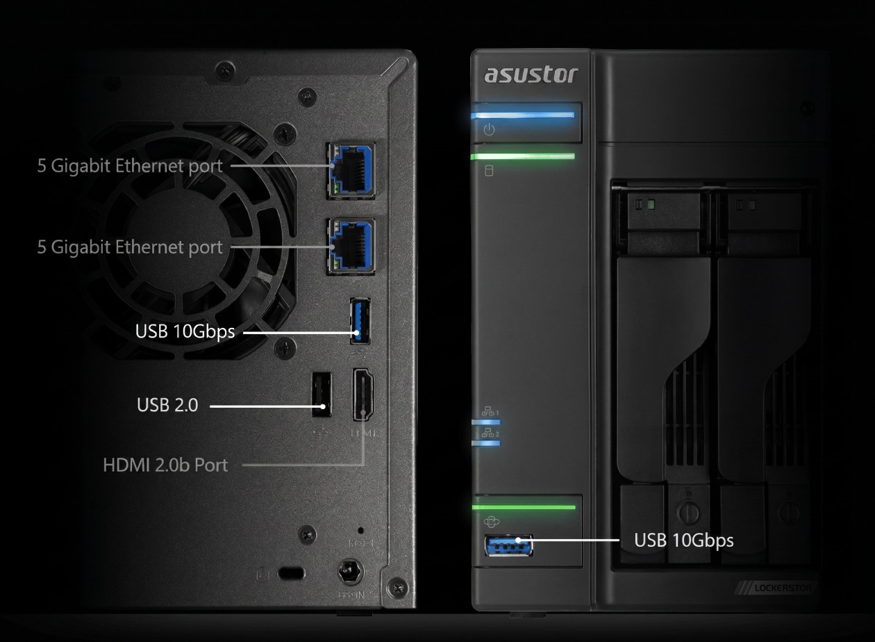 Painel traseiro e frontal do NAS Asustor AS6704T V2 com todas as portas e conectores